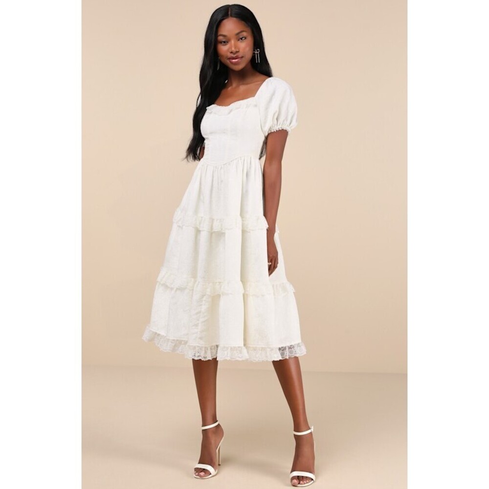 NWT Lulu's Romantic Ivory Cream Puff Sleeve Midi Dress